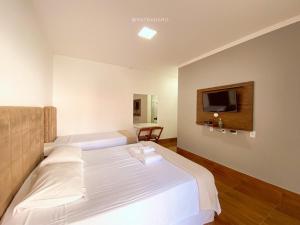 um quarto de hotel com uma cama e uma televisão de ecrã plano em Pousada Carneirinho em Capitólio