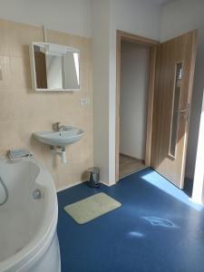 La salle de bains est pourvue de toilettes blanches et d'un lavabo. dans l'établissement Apartmány u Olšinské kapličky, à Horní Planá