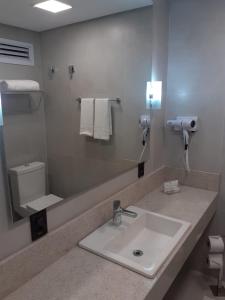 a bathroom with a sink and a mirror at Hotel Le Canard Lages in Lages