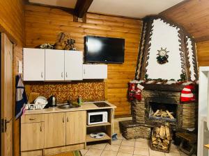 a kitchen with a stove and a fireplace at Verhnie Dubai in Vysshaya Dubechnya