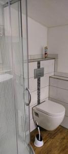 a bathroom with a toilet and a glass shower at Moderne Vintage Ferienwohnung in Bad Schussenried