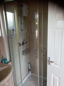 a shower with a glass door in a bathroom at 116 cherry park in Chapel Saint Leonards