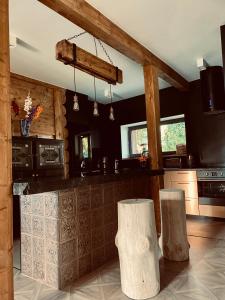 a kitchen with a counter and some logs at Marzeniówka in Lutowiska