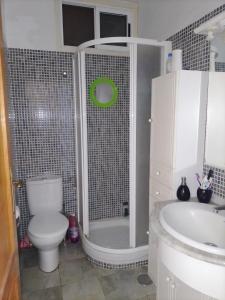 een badkamer met een douche, een toilet en een wastafel bij Eureka 133 in Costa Del Silencio