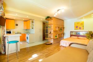 a small room with a bed and a kitchen at Sun in the City Center in Kherson