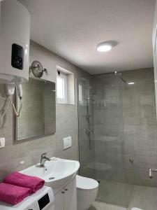 ein Bad mit einem Waschbecken, einem WC und einer Dusche in der Unterkunft Holiday Home Blanka in Neum