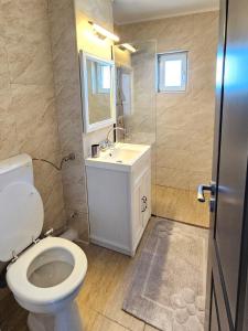 a bathroom with a toilet and a sink and a mirror at La țărm in Mangalia