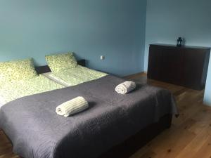 een slaapkamer met een bed met twee handdoeken erop bij Apartament Głowackiego 8 in Gdynia