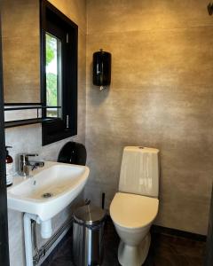 a bathroom with a toilet and a sink at Vättervy Glamping in Habo