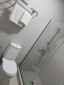e bagno con servizi igienici e cabina doccia in vetro. di Wave-ტალღა a Kobuleti