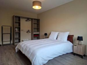 a bedroom with a large white bed and shelves at Superbe appartement 2 pièces - Aix-les-Bains Riviera des Alpes - Parking gratuit in Aix-les-Bains