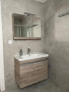 W łazience znajduje się umywalka i lustro. w obiekcie Agnanta Mountain Residence w mieście Ágnanta