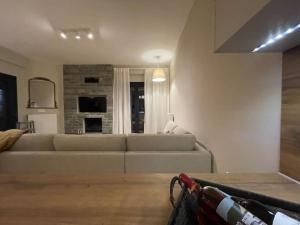 a living room with a couch and a television at Agnanta Mountain Residence in Agnanta