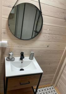 a bathroom with a sink and a mirror at BORSKÓWKA domki z balią z jacuzzi in Borsk