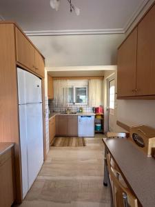 a kitchen with a white refrigerator and wooden cabinets at Villa thymari in Sounio