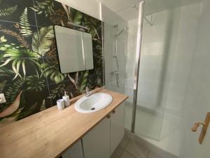 La salle de bains est pourvue d'un lavabo et d'une douche. dans l'établissement Cases des oliviers, à Cases-de-Pène