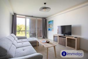 Una sala de estar con un sofá y un televisor. en Air-conditioned studio 5 minutes from the beach and shops, en Cros-de-Cagnes