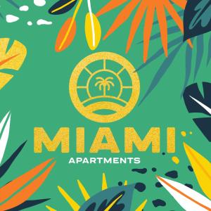 a poster for miami experiences with palm trees and a beach at Miami Apartments in St. Julianʼs