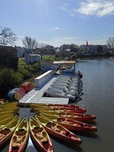 - un groupe de kayaks bordés d'un quai dans l'établissement Chez Bernadette, à Le Fenouiller