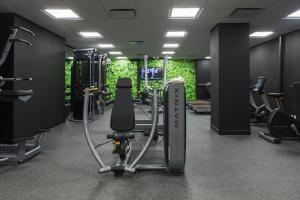 een fitnessruimte met loopbanden en cardio-apparatuur. bij Renaissance Albany Hotel in Albany
