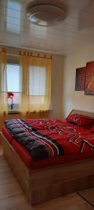 a bedroom with a large bed with a red comforter at Apartment mit Herz in Sondershausen