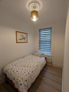 ein Schlafzimmer mit einem Bett und einem Fenster in der Unterkunft Spacious first floor family flat, Sea view in Torquay