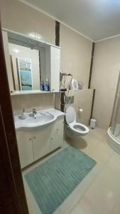 een badkamer met een wastafel, een toilet en een spiegel bij Stara Čaršija apartman in Sarajevo
