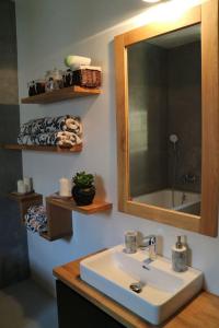 La salle de bains est pourvue d'un lavabo et d'un miroir. dans l'établissement Beautiful apartment in Old Town Bratislava, à Bratislava