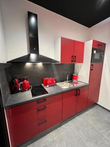 a red kitchen with a stove and a sink at spa de la quarterelle LOVE ROOM 88 VOSGES in Remiremont