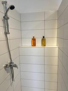 dos botellas de jabón sentadas en un estante en un baño en Appartement Duplex avec jardin, en Ingersheim