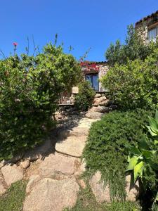 a stone path leading to a house with bushes at Hôtel Ambassador Palombaggia in Porto-Vecchio