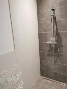a bathroom with a shower with a glass door at Nr 3 Ferienwohnung am Teutoburger Wald in Natrup Hagen