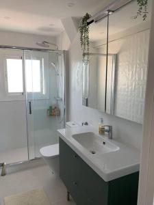 uma casa de banho com um lavatório, um WC e um chuveiro em Cunit, front line with sea view em Cunit