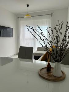 a living room with a vase of flowers on a table at Apartments Jurić in Brodarica
