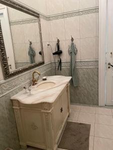 a bathroom with a sink and a mirror at Dobbelt værelse Carlsminde in Stenstrup