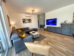 Nova VasにあるVilla Gina Porečの青いソファとテレビのあるリビングルーム