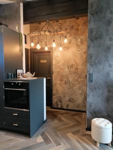 uma cozinha com uma parede de madeira e um lustre em Cassandre em Erde