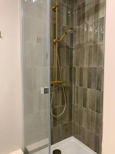 um chuveiro com uma porta de vidro na casa de banho em Résidence le Concorde em Le Touquet-Paris-Plage