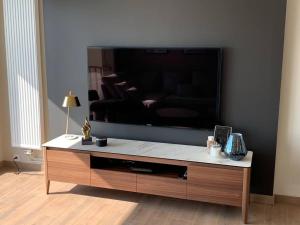 uma grande televisão de ecrã plano numa sala de estar em Résidence le Concorde em Le Touquet-Paris-Plage