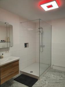 a bathroom with a glass shower and a sink at Eigentumswohnung Altstadt Weiden in Weiden
