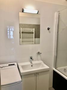 La salle de bains blanche est pourvue d'un lavabo et d'une douche. dans l'établissement Karlin Cozy Studio, à Prague