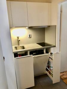una pequeña cocina con armarios blancos y fregadero en Karlin Cozy Studio en Praga