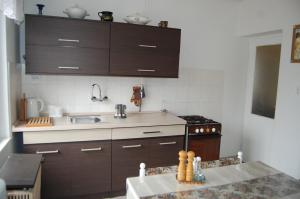a kitchen with brown cabinets and a sink at Piroska Vendégház in Nyíregyháza +14 photos