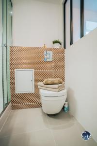 a bathroom with a white toilet in a room at Studio centre-ville (Ecusson) in Nîmes +9 photos