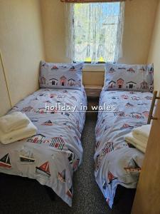 a bedroom with two beds and a window at Static 19 in Llandysul