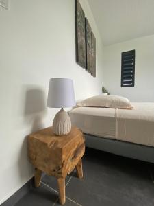 a bedroom with a bed and a table with a lamp at VOIR com 5 étoiles airb, Villa Zolenzo, la tête dans les montagnes, 10 pers in Petit-Bourg
