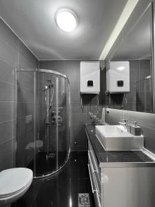 a bathroom with a shower and a sink and a toilet at Apartments Villa Stefan in Budva