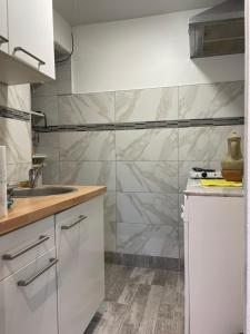 a kitchen with white cabinets and a marble wall at Studio Rdc refait à neuf in Besançon