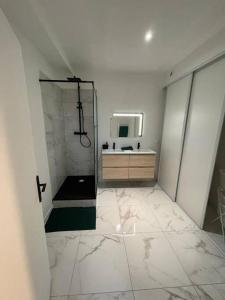 La grande salle de bains est pourvue d'une douche et d'un lavabo. dans l'établissement Appart 1 chambre neuf confort, à Rouen