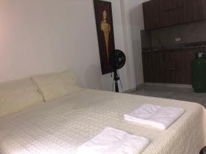 een slaapkamer met een bed met twee handdoeken erop bij Apartamento cómodo, céntrico y bien ubicado apto 404 in Medellín